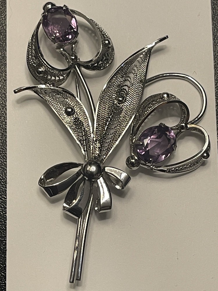 Vintage Sorrento Sterling Silver and Amethyst Floral Heart Bouquet Brooch-Large