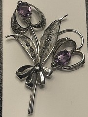 Vintage Sorrento Sterling Silver and Amethyst Floral Heart Bouquet Brooch-Large