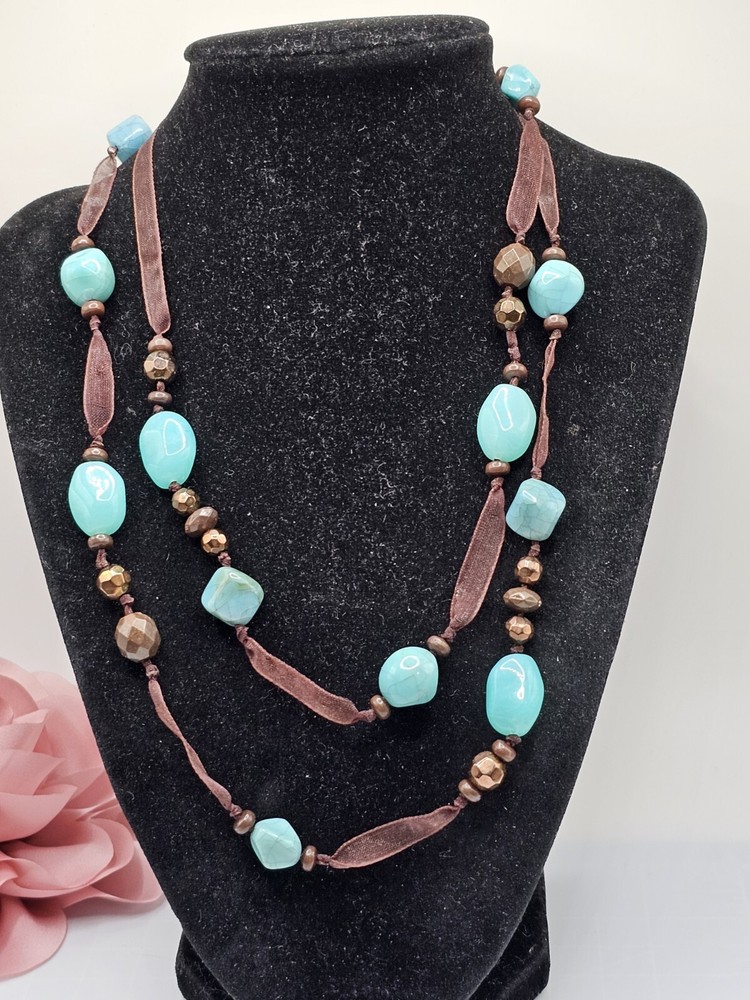 Vtg Cookie Lee Necklace Brown Ribbon Faceted Beads Blue Simulated Stone Bead 37″