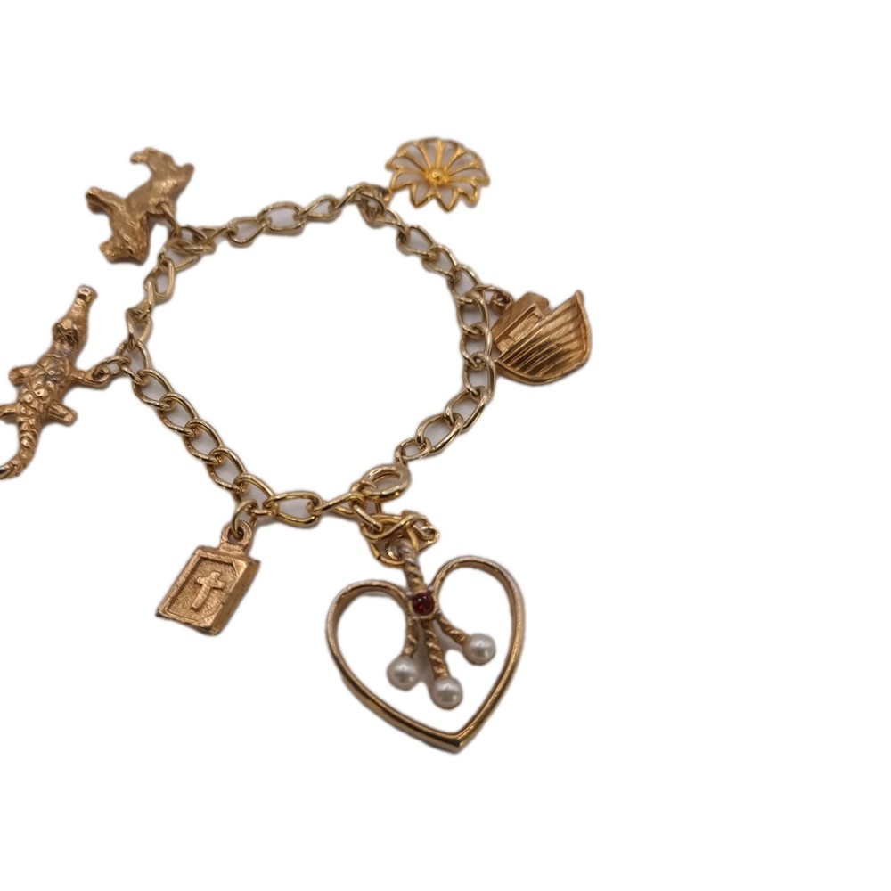 Vintage Gold Tone Multi Charm Bracelet Heart Cross Book Alligator Ark Flower 6