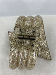 Vintage Lucite Confetti Bracelet Gold White Wide Bypass Clamper