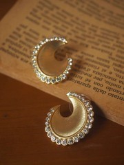 Gold Crystal Crescent Clip On Earrings Mid Century Statement Jewelry