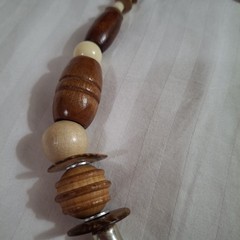 Vintage Chunky Mix Wood Necklace Clay Art Pendant Handmade Silver Tone Round