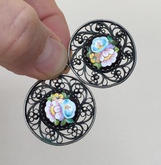 Vintage Painted Enameled Earring Soviet Cupronickel Finift Hand Wrought Filigree