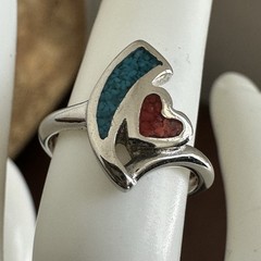 Vintage Southwestern Style Heart Ring Size 5 Turquoise Coral Inlay Silver Tone