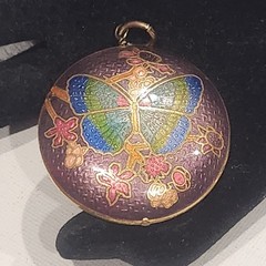 Vintage Cloisonne Butterfly Pendant Purple Floral Gold Tone Round