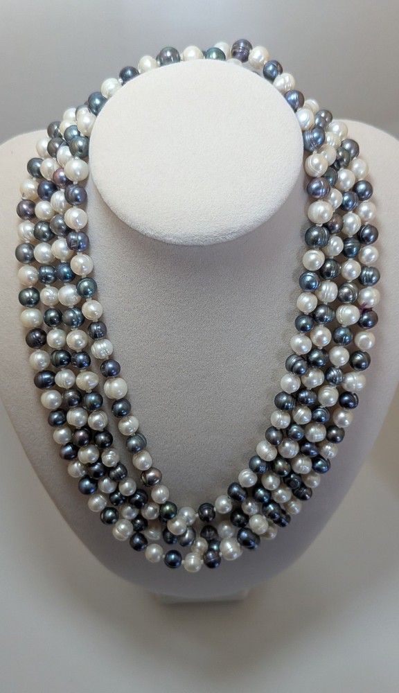 Vintage White & Peacock Gray Freshwater Cultured Pearl Strand Necklace ~ 60″