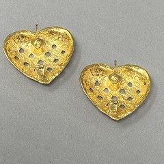 Heart Earrings Gold Tone Textured Woven Stud Dangle Drop Pierced Open Work NOS