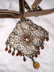 Vintage Bronze Filigree Choker Necklace Amber Crystal Dangle Pendant Boho Gothic