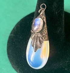 Vintage Sterling Silver Double Opalite Moonstone Drop Pendant Ornate Signed