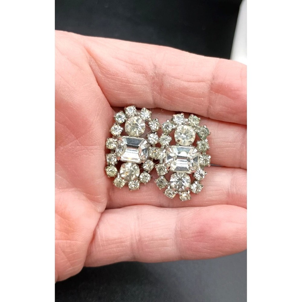 Vintage Art Deco Rhinestone Earrings Clip On Glam SilverTone 1″