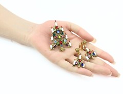 Hollycraft Signed Candle Multicolor Rhinestone Foil Brooch Earrings Set