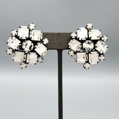 Vintage High End White Givre Baguette Emerald Cut Glass Japanned Brooch Earrings