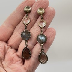 Dangle Gemstone Earrings Gold Over 925 Labradorite Smoky & Clear Quartz 2in Drop
