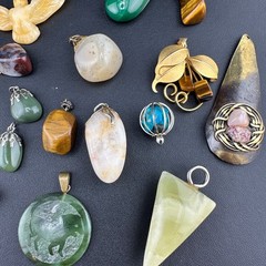 Vintage Gemstone Pendant Charm Lot Jade Quartz Agate Tigers Eye Jasper 25+