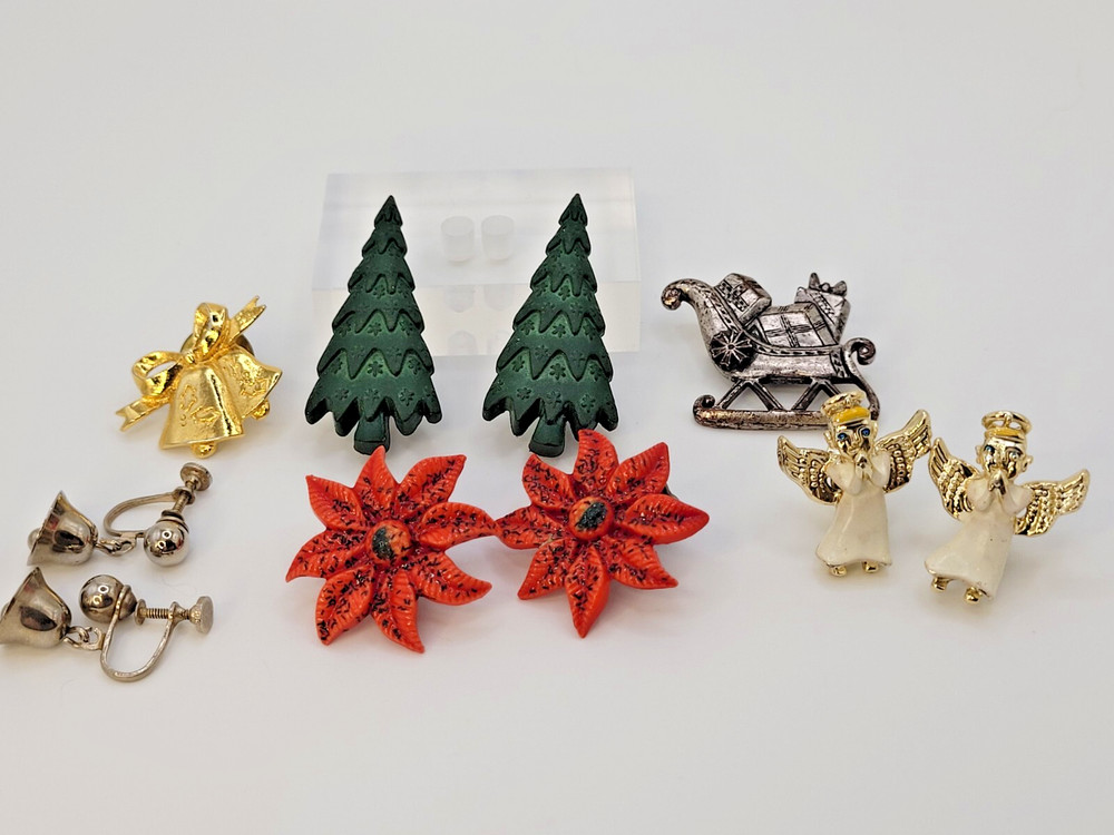 Vtg LOT 6 Pieces Christmas Holiday Jewelry From 1940s-1960s Earrings Pin Brooch