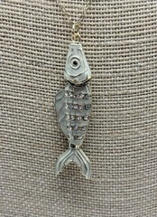 Vintage Articulated Fish Pendant Necklace Enamel Rhinestone Gold Tone 15” Chain