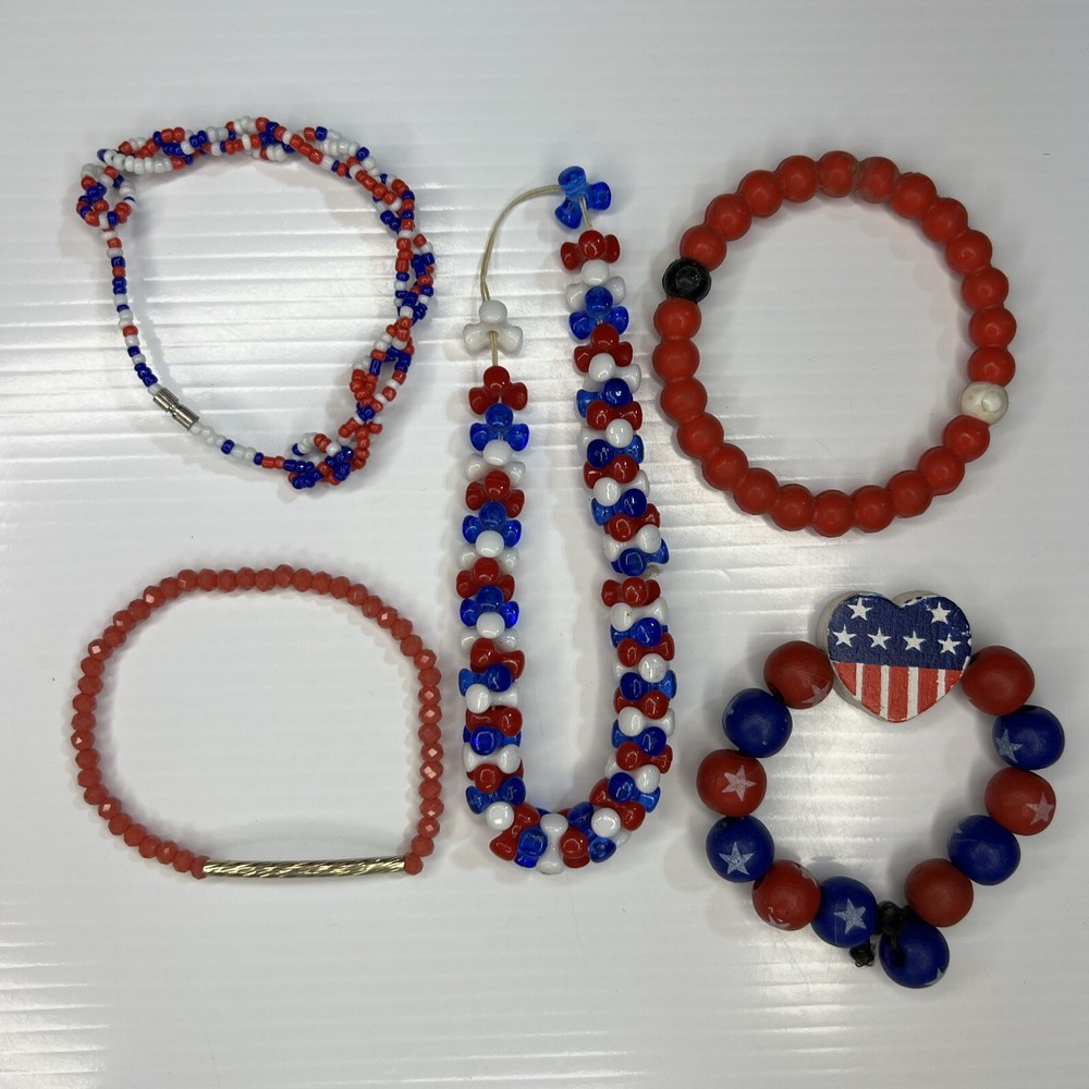 Lot Beaded Resin Acrylic Red Blue White USA American Flag Heart Retro Bracelets