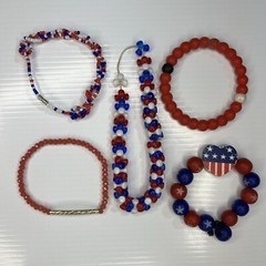 Lot Beaded Resin Acrylic Red Blue White USA American Flag Heart Retro Bracelets