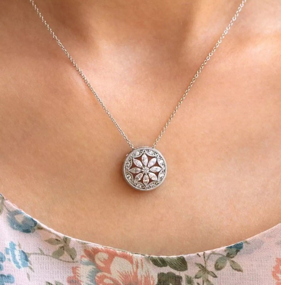 Floral Halo Wedding Pendant 2.1 Ct Round Simulated Diamond 14K White Gold Over