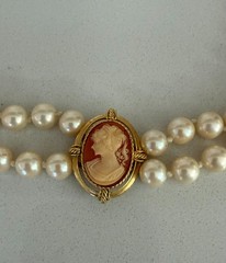 Vintage Double Strand Faux Pearl Cameo Necklace