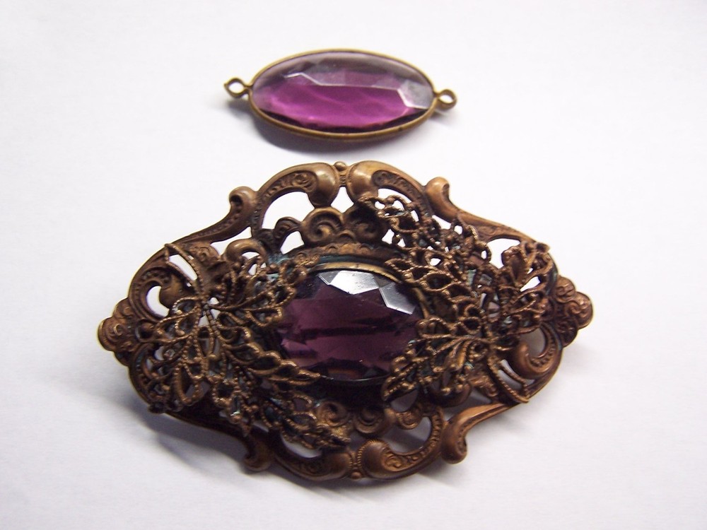 amethyst glass & brass filigree antique brooch pin & pendant