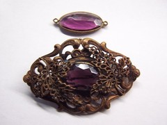 amethyst glass & brass filigree antique brooch pin & pendant
