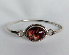 Vintage Mexico 925 Rope Accented Oval Diachroic Glass Tension Bangle Bracelet