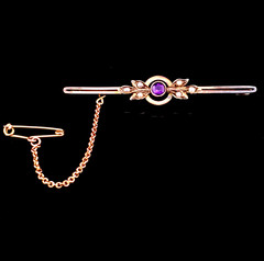 1800s Antique Old Cut Amethyst Pearls 9k Yellow Gold Brooch w Chain English Pin