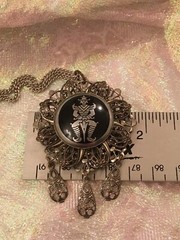 VTG Antique Damascene Parure: Screw Back Earrings & Pendant Filigree Metal Alloy