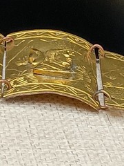 Vintage Peruvian Alpaca Bracelet Story Teller Gold Tone Brass Wide Cuff Repousse