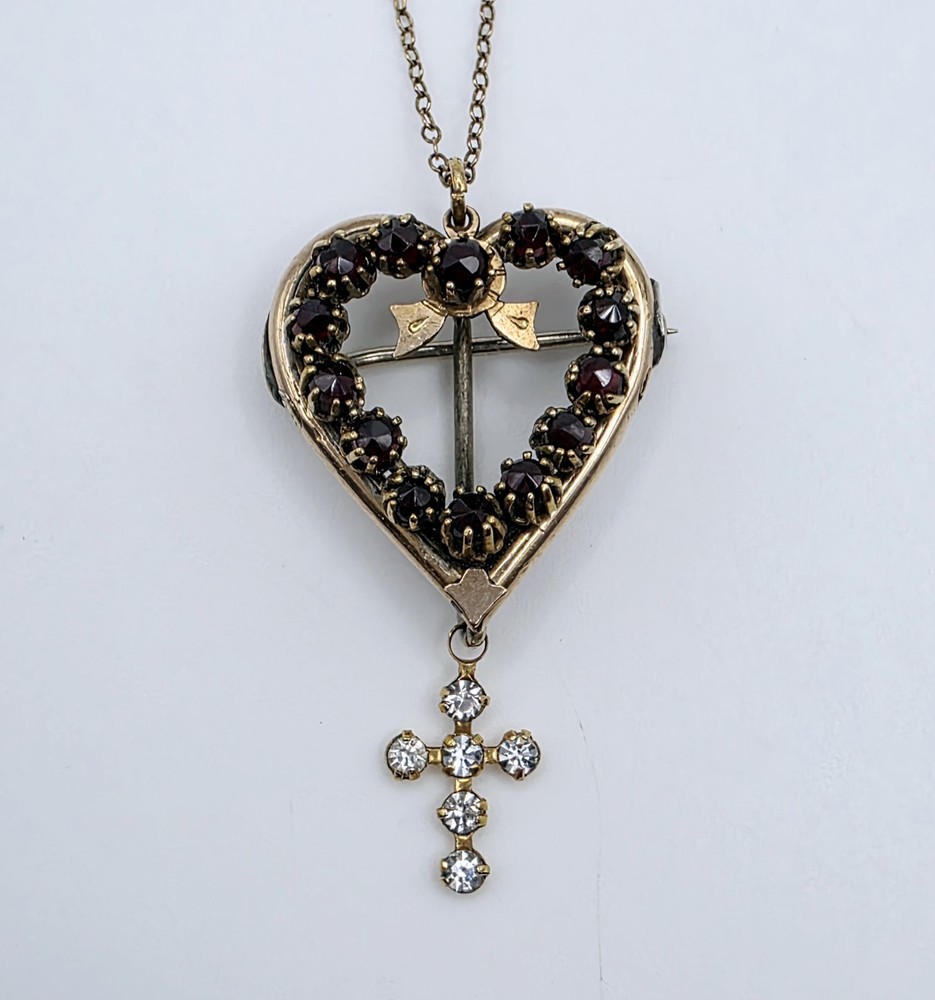 Antique Victorian Bohemian Garnet Heart Cross Pendant Brooch Necklace Rose Cut