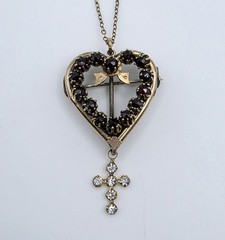 Antique Victorian Bohemian Garnet Heart Cross Pendant Brooch Necklace Rose Cut