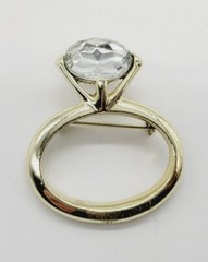 Huge Engagement Ring Brooch Pin Vintage Gold Tone Rhinestone Funny