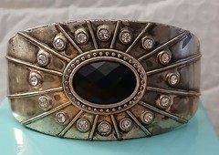 Vintage Silver tone rhinestones and black cabochon stone cuff bracelet