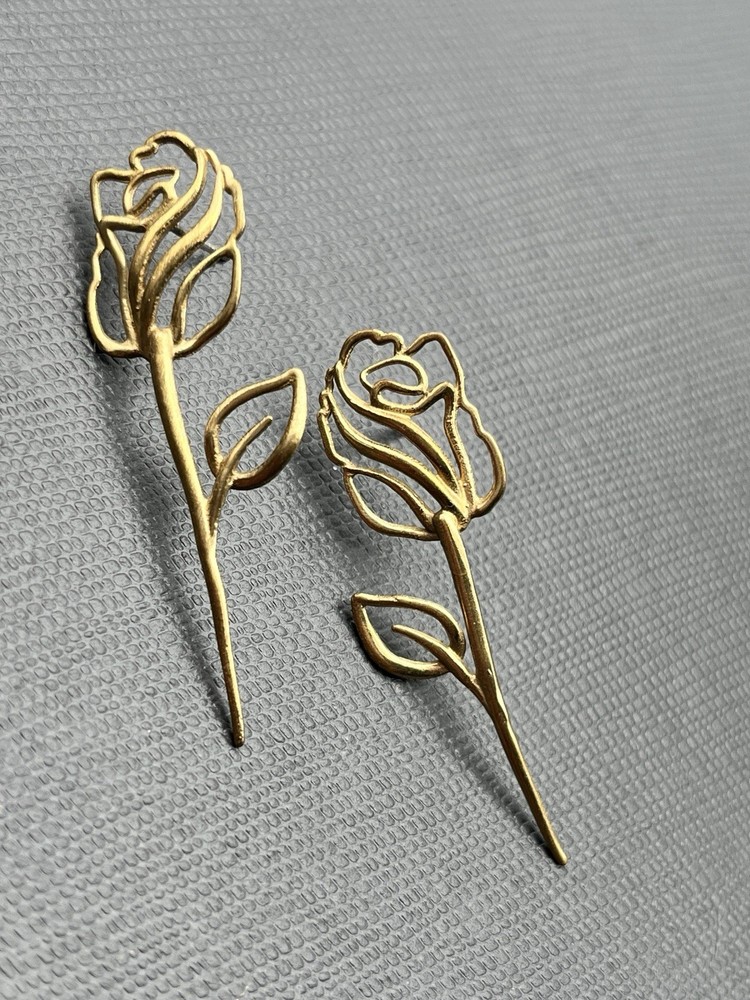 Vintage Rosalie Rose Flower Cottagecore Gold Vermeil 925 Long Stem Drop Earrings