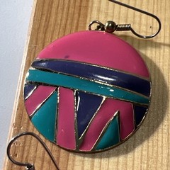 VTG 1980 90s Edgar Berebi Signed Geometric Enamel Dangle Earrings Pink Gold Tone