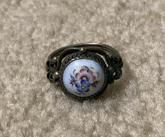 Vintage Soviet Rostov Finift Floral Enamel Ring Russian White Enamel Size 7.5