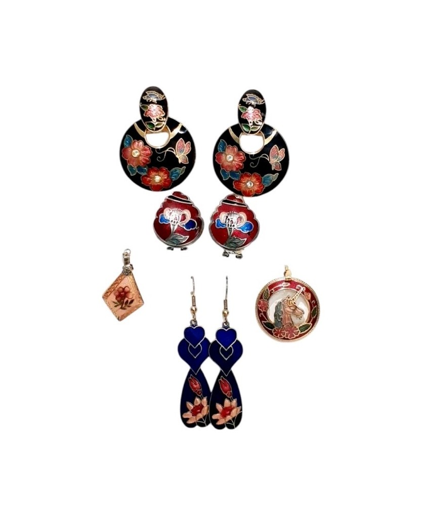 Vintage Cloisonne Earrings & Pendant Lot of 5 Rare SEE DESCRIPTION