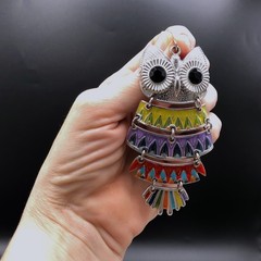 Vintage Owl Pendant Articulated Multicolor Enamel Black Crystal Eye Southwestern