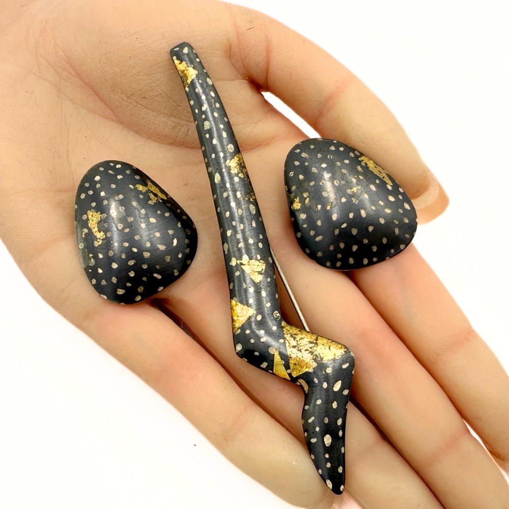 Sydney Lynch Marked Sterling Silver Black Gold Modernist Earrings Brooch Set