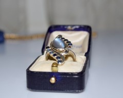 Vintage Moonstone & Sapphire Large Statement Ring in Palladium Bypass Design Cey