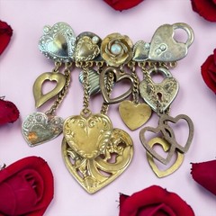 Vintage Sweetheart Charm Dangle Brooch Mixed Metal Hearts Romantic Assemblage