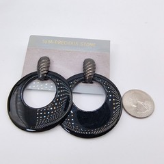 VintageBlack Onyx Door Knocker Earrings Hoops Omega Back Silver Tone 80s 90s