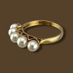 Classic Vintage 14K Yellow Gold Five Stone Pearl Ring 4.4mm Size 6.25