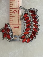 Vintage Red Rhinestone Brooch/pendant Clip Earrings Set Unsigned Mid Century