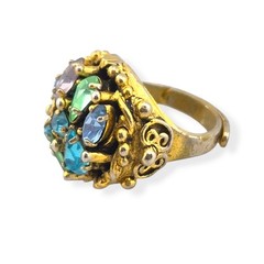 Vintage Signed Barclay Uranium Glass Ring Pastel Rhinestone Cluster Adjustable