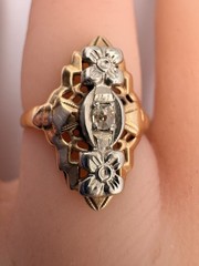 Antique Art Deco 14K Yellow White Gold Diamond Ring Size Filigree Cocktail