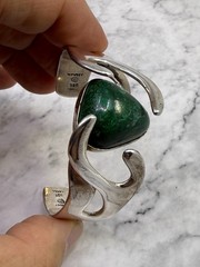 Vintage Estate Old Taxco Mexican Sterling Silver Malachite Signed Cuff Bracelet