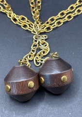 Vintage Boho / Lariat / Safari Wood & Brass Necklace w/Chunky Gold Toned Chain